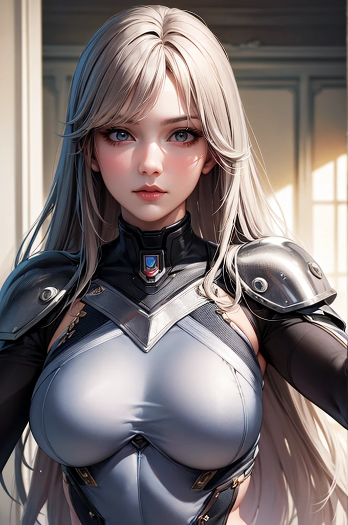 (((masterpiece, best quality, 16k))) solo female, full-body, long darkblue hair, purple eyes, emotionless expression, perfect face, bodysuit armor, white glowing parts, sci-fi style, vibrant colors, futuristic lighting, detailed hair strands, metallic texture, sleek design, dynamic pose