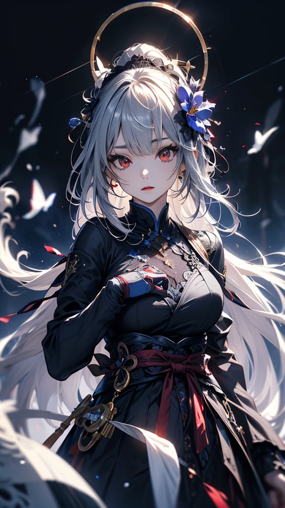 masterpiece, high quality, 4K, Beautiful design, silhouette,Gray Hair, 非常に詳細な夜のStarry Sky,Flower Field, wonderful, Finer details, Very knowledgeable woman, Highly detailed solo, 1 female,Red eyes,Big Breasts,Blue Gothic ta Fashion,Night view,Starry Sky,Red full moon,