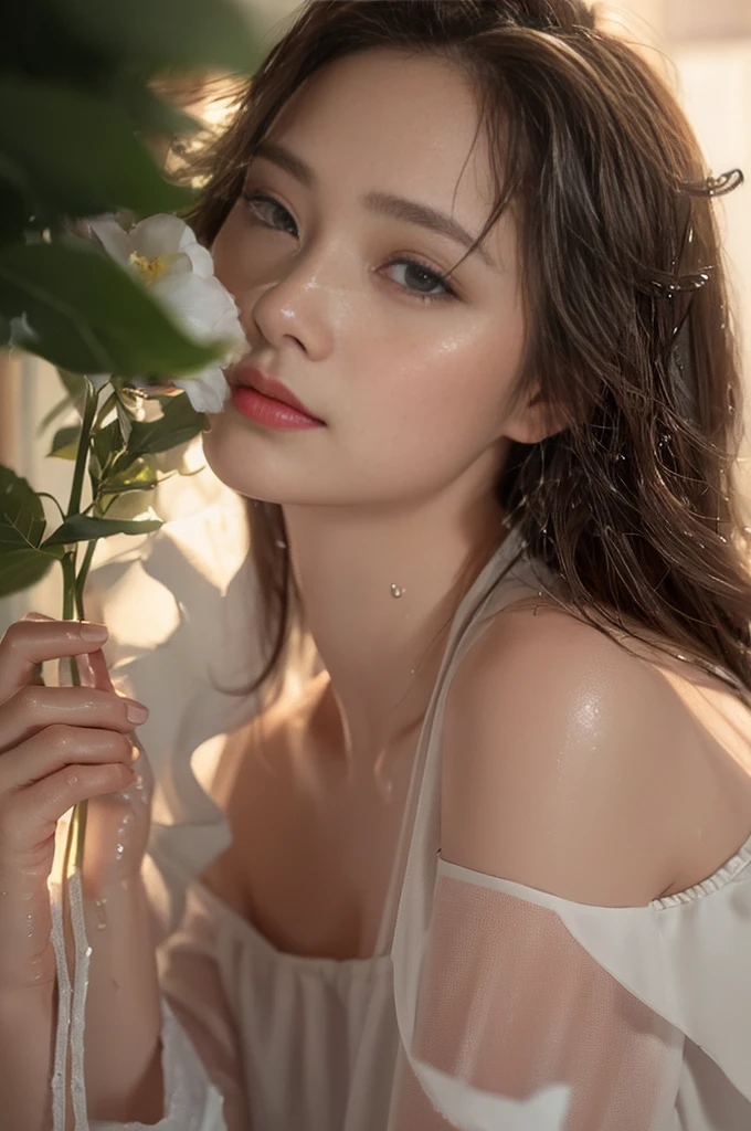 (Highest quality, 4K, masterpiece :1.3), Beautiful woman, One girl, sexy :1.1, Dark brown hair: 1.1, (It rained and I got wet, Raindrops, Wet body :1.2), White tank top, Highly detailed face, Detailed lips, Fine grain, double eyelid,smile,