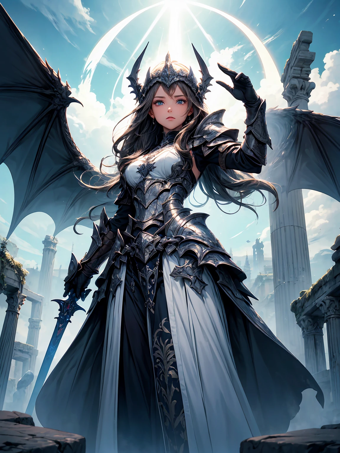 (((masterpiece))) (((best quality)))(((16k)))Full body shot of a fearless paladin with unparalleled beauty, featuring long, dark hair and striking blue eyes. She wears intricately designed draconic armor that glimmers with a mystical aura. Her armor is adorned with dragon scales and ornate patterns, giving it both an imposing and elegant appearance. In her hand, she wields a magnificent sword, the blade shimmering with a divine light, etched with runes of power. She stands in a majestic, celestial landscape, with radiant light filtering through the clouds, casting a holy glow upon her. The ground beneath her is a mix of ancient stones and sacred symbols, glowing softly as if infused with holy energy. Surrounding her are ethereal figures in shades of gold and white, their presence adding to the divine ambiance. The background features towering, ancient ruins and magnificent, skyward-reaching structures, hinting at a grand, heavenly stronghold. The scene is inspiring and powerful, with her face showing a serene yet determined expression, her eyes locked onto her noble mission.

[Best quality], [Masterpiece], [Ultra-detailed], [4k], {inspiring|majestic} atmosphere, celestial landscape, {dynamic pose|noble stance}, radiant illumination, {soft shadows|divine lighting}, {glowing ancient stones:0.7}, {ethereal figures:0.6}, {heavenly architecture:0.5}, {towering ruins:0.4}, {skyward-reaching structures:0.3}.