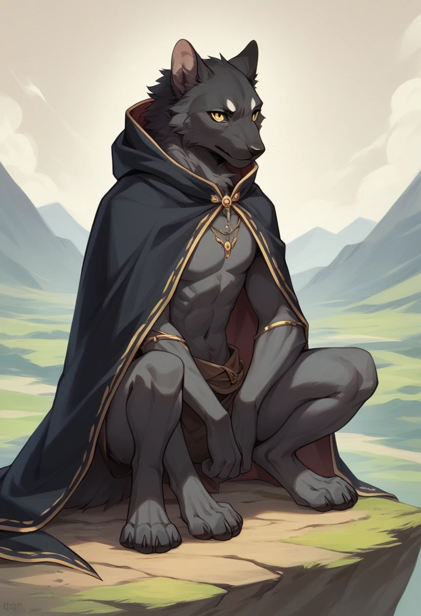 create a picture of an anthropomorphic cat character with black fur and yellow eyes, make his body thin and slender, make him wearing a black closed cloak, make him holding a compound bow, make it in an anime style, give him a short snout, make the cloak look stealthy, make him kneeling on the edge of a cliff, give him digitigrade legs with gray paws,