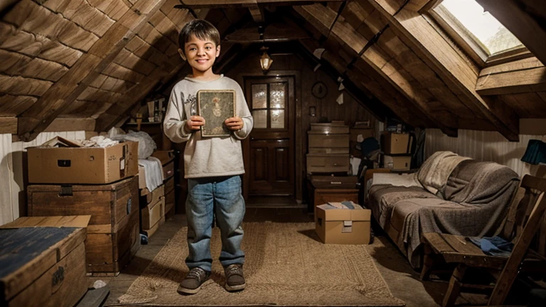Scene 1: 10 year little boy Alex in the attic, finding and opening the book.Scene like cartoon
