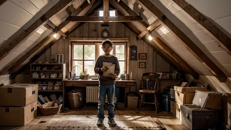 A small, quaint village with a cozy house. A young boy named Sami, wearing simple clothes, is excitedly holding an old map in his hands, standing in an attic surrounded by dusty boxes and old furniture.