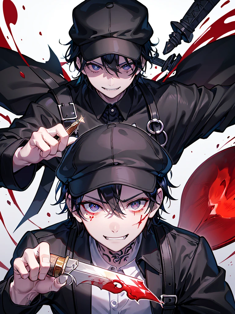 (Tabletop), (Highest quality), (8k)、Very detailed, male1人、Focus Only,Perfect Face、Tying up hair、Black jacket、scary look、Sparkling Eyes、Ruined Background(Black Hair),(Dark Eyes:1.4)Muscular、Holding a dagger、Shortcutale1人、46 years old、male、Men、Tough、scary、Face tattoos、smile、Delivery Person、Black cap、Black Hat、blood droplets、Work clothes