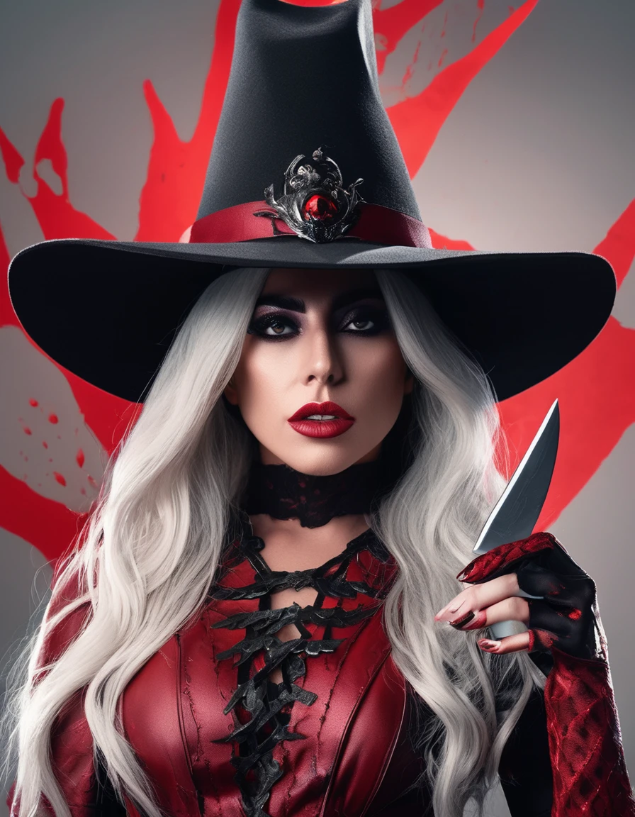 lady gaga in a hat and top with a knife, freddy krueger style, grayscale phtoto with red dress, black ink & copic markers, witch castlevania, Bela , of the skeleton, witch cowboy bonita, (inktober), witch, Jamie McKelvieArte , Woman , monster girl, witch. best qualityer, realisitic, realisitic, award-winning illustration, (Highly detailed face and skin texture), (fully body), (Complicated Detail: 1.2), (finely detail), (Complicated Detail), (Cinematic Lights, better quality backlight), Sharp lines, sharp focus, offcial art, unity 8k wallpaper , absurdrez, inacreditavelmente absurdrez, huge filesize, ultra- , Fantasyart, RTX,((Closing-up photo by award-winning studio)), , (Shut your mouth), , perfect hands, beautiful detailed eyes, face perfect