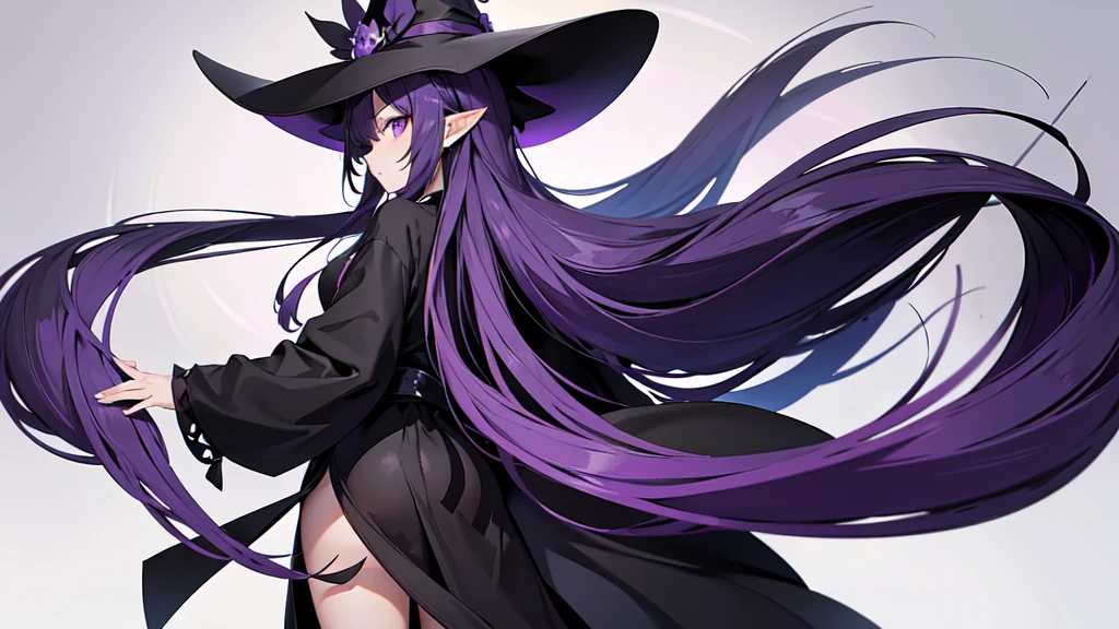 Anime girl with long purple hair and black robe. Witch hat. Pointy ears. Cute as a cartoon. Back view. Full body facing backwards. Her whole body is visible from her head to her feet. Skirt is short.