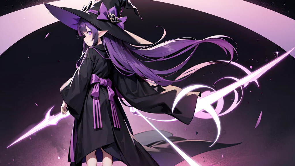 Anime girl with long purple hair and black robe. Witch hat. Pointy ears. Cute as a cartoon. Back view. Full body facing backwards. Her whole body is visible from her head to her feet. Skirt is short.