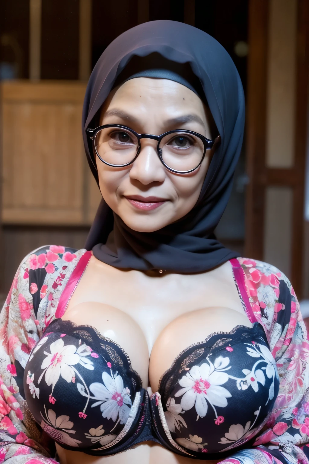 ((Wearing kebaya coats)), Spectacles, ((Old body lady:1.3)), ((Old lady:1.6)), (Happy smile), (((HIJAB MALAY GIRL))), masutepiece, High quality, UHD 32K, Realistic face, Realistic skin feeling , A Japanese Lady, 58 years old matured lady, , Very cute and baby-like face, (((FLAT CHEST))), (Night time at forest), ((look In front  at the camera and SADNESS)), (((CUTE GIRL))), ((WHITE FLUORESCENT LIPS)), ((Floral Pattern)) little ((wearing strapless)), strapless colorfull, dark night background , black forest night, horror scary place, (from behind up) seductive pose, ((Huge bra:1.6)) Heavy Nipples