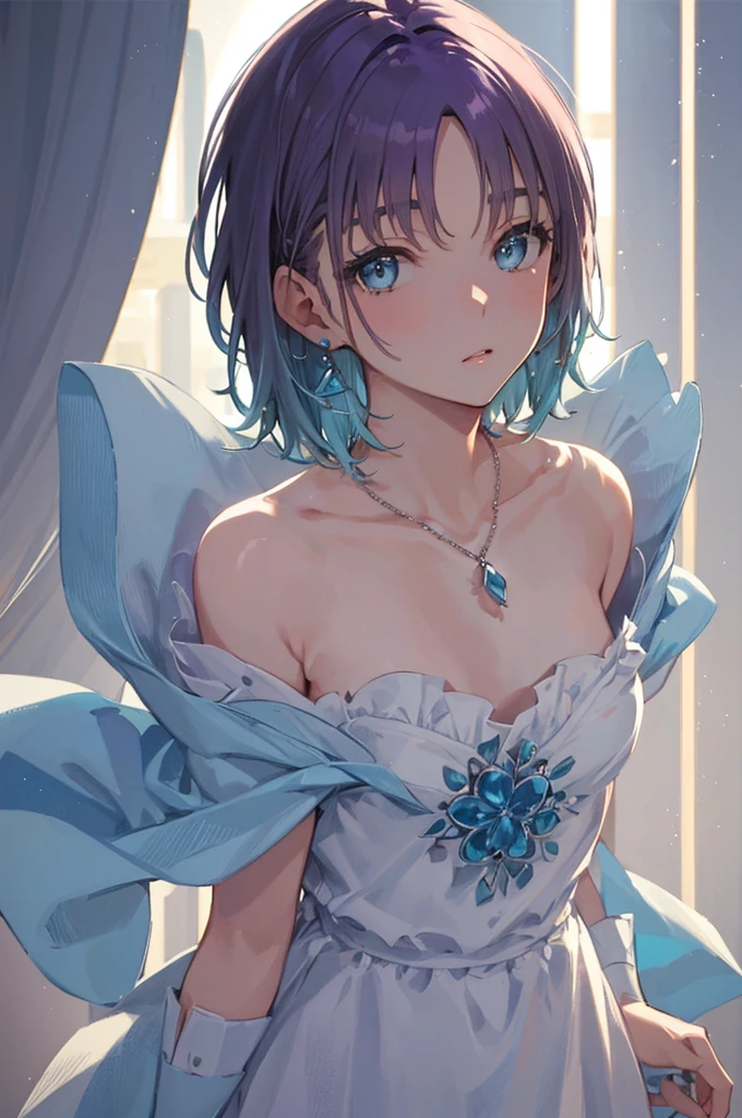 masterpiece, Highest quality, Consciousness upward, Sax Blue, プラチナEarrings, Platinum Necklace, White Dress, One Girl, cute, (Dynamic Lighting:1.2), Cinema Lighting, Delicate facial features, Detailed eyes, Sharp pupils, Realistic student, Written boundary depth, ボケ Written boundary depth, Sharp focus, (Very detailed, bloom, Shine:1.4), Lots of little gems, (((short_hair))),　Toru Asakura、white hairs、Earrings、gradation hair、multi color hair、分けた前hair、Purple hair、Upper Body、Ultra close-up footage、