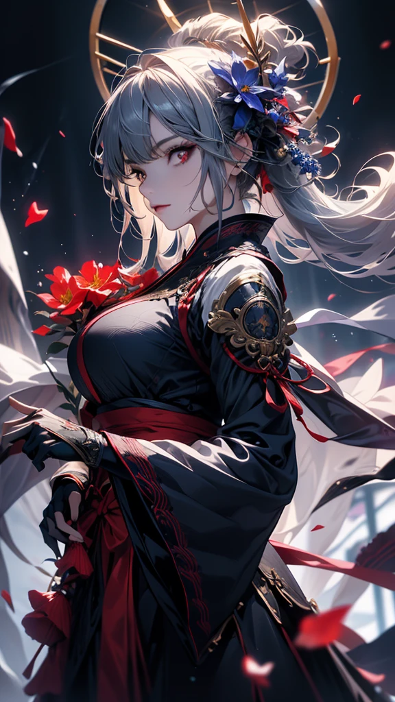 masterpiece, high quality, 4K, Beautiful design, silhouette，Gray Hair， 非常に詳細な夜のStarry Sky,Flower Field， wonderful, Finer details,  Very knowledgeable woman, Highly detailed solo, 1 female,Red eyes，Big Breasts，Blue Gothic Lolita Fashion，Night view，Starry Sky，Red full moon，