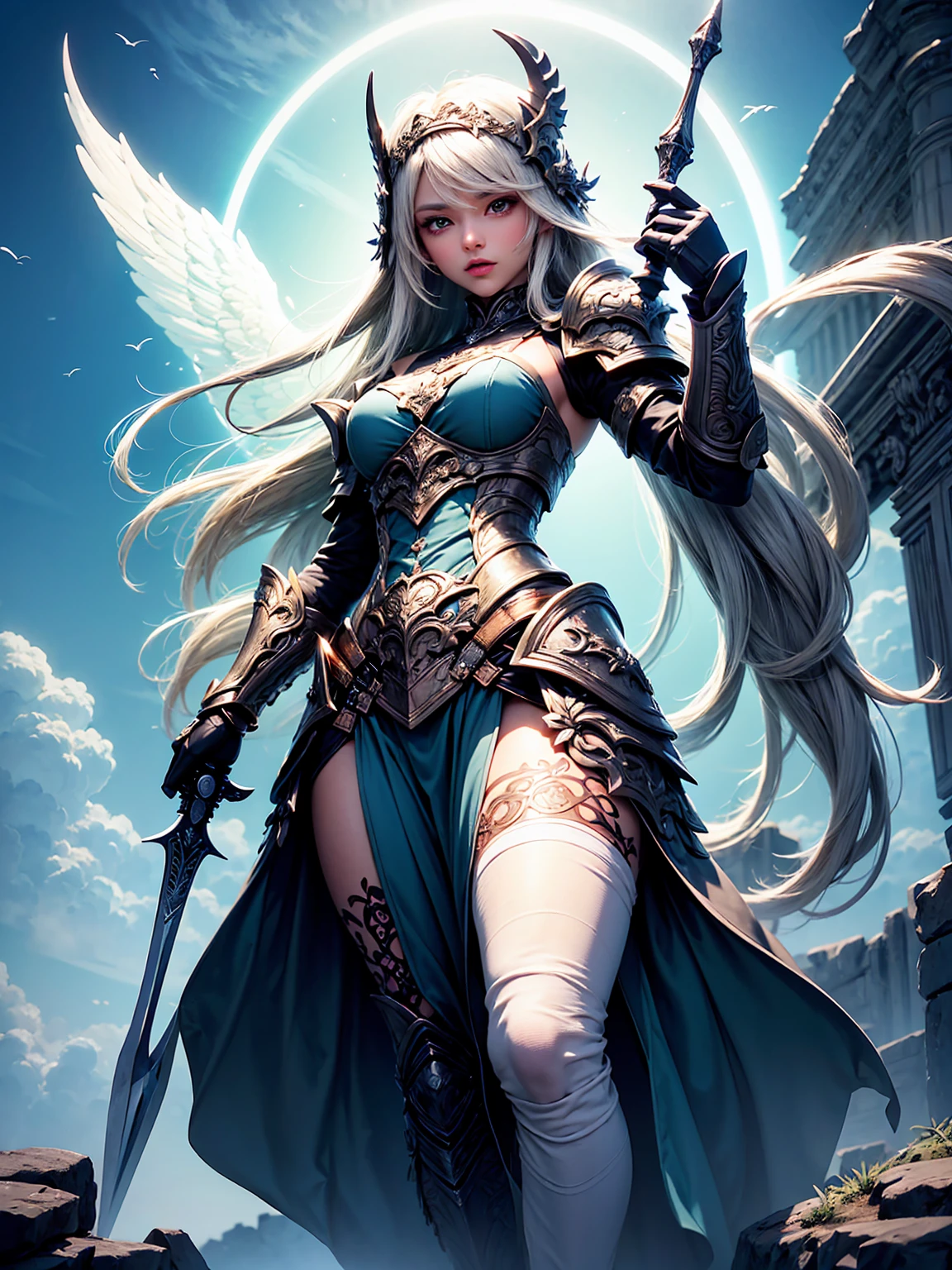 (((masterpiece))) (((best quality)))(((16k)))Full body shot of a fearless paladin with unparalleled beauty, featuring long, dark hair and striking blue eyes. She wears intricately designed draconic armor that glimmers with a mystical aura. Her armor is adorned with dragon scales and ornate patterns, giving it both an imposing and elegant appearance. In her hand, she wields a magnificent sword, the blade shimmering with a divine light, etched with runes of power. She stands in a majestic, celestial landscape, with radiant light filtering through the clouds, casting a holy glow upon her. The ground beneath her is a mix of ancient stones and sacred symbols, glowing softly as if infused with holy energy. Surrounding her are ethereal figures in shades of gold and white, their presence adding to the divine ambiance. The background features towering, ancient ruins and magnificent, skyward-reaching structures, hinting at a grand, heavenly stronghold. The scene is inspiring and powerful, with her face showing a serene yet determined expression, her eyes locked onto her noble mission. [Best quality], [Masterpiece], [Ultra-detailed], [4k], {inspiring|majestic} atmosphere, celestial landscape, {dynamic pose|noble stance}, radiant illumination, {soft shadows|divine lighting}, {glowing ancient stones:0.7}, {ethereal figures:0.6}, {heavenly architecture:0.5}, {towering ruins:0.4}, {skyward-reaching structures:0.3}.