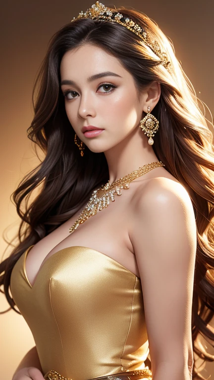 Create a high-resolution character portrait of a young, beautiful woman with an enchanting appearance. She has long, voluminous, wavy brown hair that cascades down her shoulders. Her eyes are large and expressive, and her makeup is flawless, enhancing her natural beauty. She is wearing an elegant white gown with a deep neckline, cinched at the waist with a golden belt. The gown has a Grecian-inspired design, flowing and graceful, highlighting her feminine silhouette. She accessorizes with gold jewelry, including a statement necklace, large earrings, and matching bracelets. The background is simple and light-colored, focusing attention on the subject and giving a classic, timeless feel to the portrait.