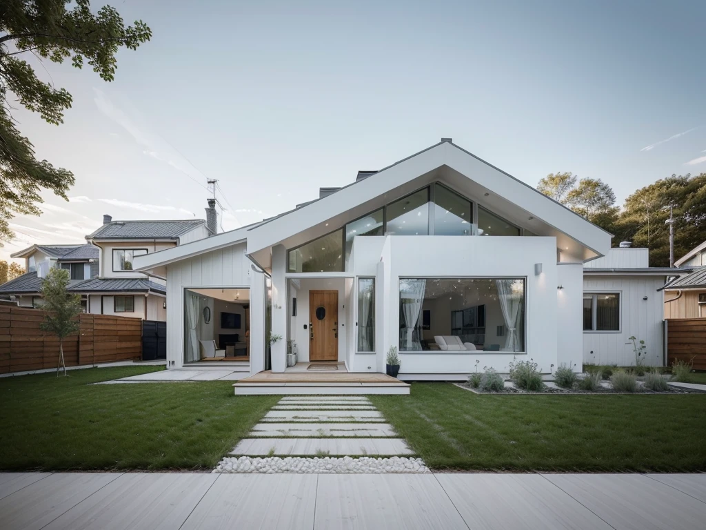 Design a modern Scandinavian house with a high level of detail. Use a light color palette with white and light wood tones. Include large windows, a gabled roof, and a minimalist facade. The landscape should feature a simple lawn, gravel pathways, and a few trees
