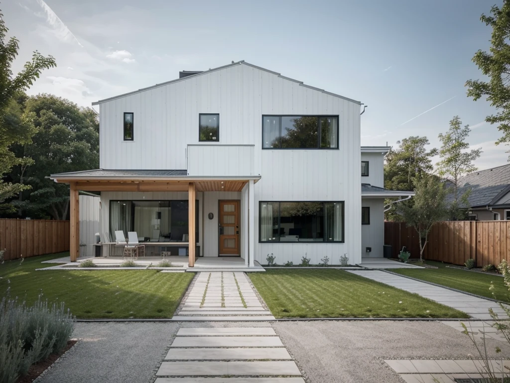 Design a modern Scandinavian house with a high level of detail. Use a light color palette with white and light wood tones. Include large windows, a gabled roof, and a minimalist facade. The landscape should feature a simple lawn, gravel pathways, and a few trees