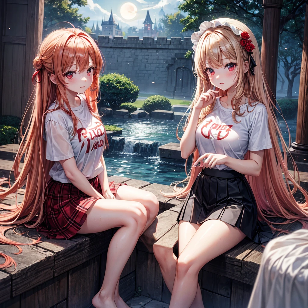 Red-blonde、Red eyes、One cute girl、solo、And soul、Light clothing、Checked mini skirt、petal、Wet hair、Sit on、black t-shirts、large tree、cloud、full moon、monster castle、lanthanum、Hell&#39;s Gate、Craft Gatekeeper、barefoot、Stones are piled up、Devil、Teeth are visible