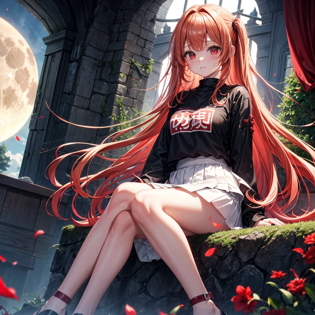 Red-blonde、Red eyes、One cute girl、solo、And soul、Light clothing、Checked mini skirt、petal、Wet hair、Sit on、black t-shirts、large tree、cloud、full moon、monster castle、lanthanum、Hell's Gate、Craft Gatekeeper、barefoot、Stones are piled up、Devil、Teeth are visible