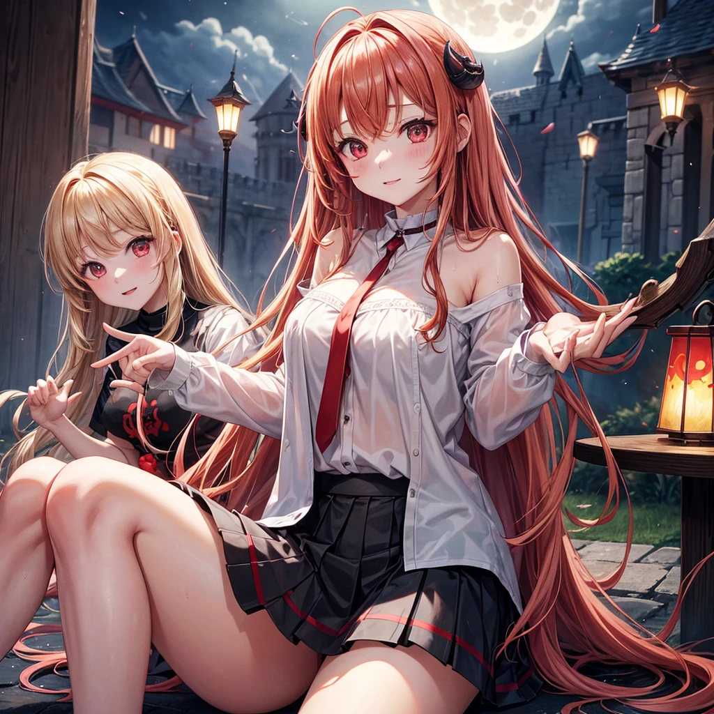 Red-blonde、Red eyes、One cute girl、solo、And soul、Light clothing、Checked mini skirt、petal、Wet hair、Sit on、black t-shirts、large tree、cloud、full moon、monster castle、lanthanum、Hell&#39;s Gate、Craft Gatekeeper、barefoot、Stones are piled up、Devil、Teeth are visible