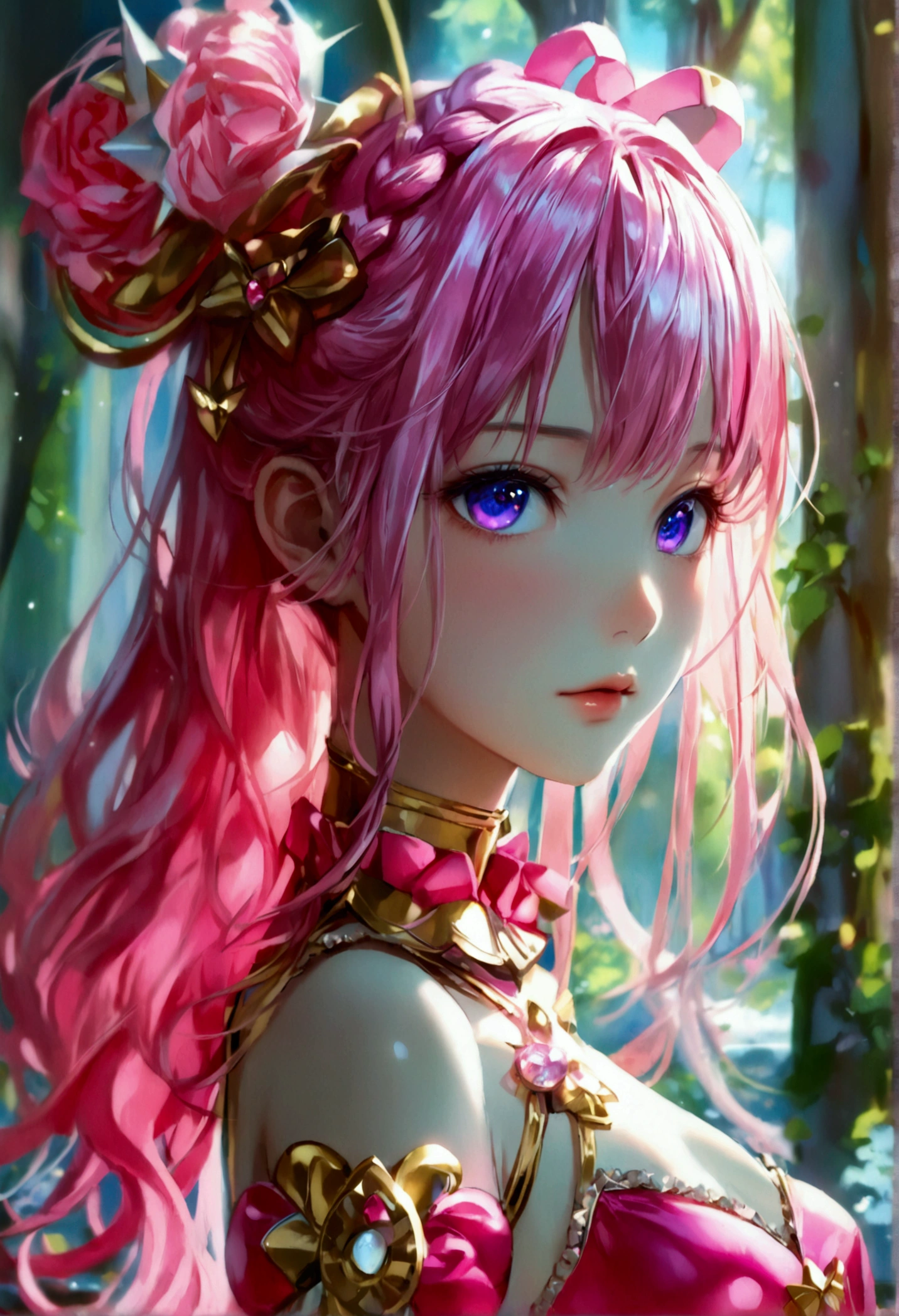 Create an anime-style girl with (((deep magenta eyes and long, wavy pink hair))) ((styled in an elegant frenchbraid)). (((She is slender, and with small breasts))). ((Ensure a full-body shot of her)) wearing a (((pink, gold, and rose gold color magical girl-themed outfit.))) cutesexy, purinpuon pixiv, no future, a hyperrealistic , hyperrealistic , realistic , seductive (anime girl), smooth anime cg art, beautiful alluring anime teen, (purinpuon pixiv), ((magical girl)), (masterpiece), best quality, expressive eyes, perfect face ((Highest quality))、((8K))、(((8k wallpaper))) ((Full Body Shot: 1.5))、ultra detailed, masterpiece, best quality, solo ((purinpuon pixiv, no future)) (((purinpuon pixiv, no future)))