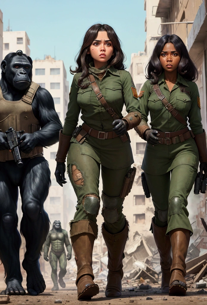 From the Movie planet of the Apes the gorillas are dressed in millitary gear and are running after the beauiful slave girl Nova , Nova has torn brown short dressed torn blouse, long dark hair, she looks spanish with light green eyes, the background is a burned out city, with torn up buildings and trash , best details attention to details.