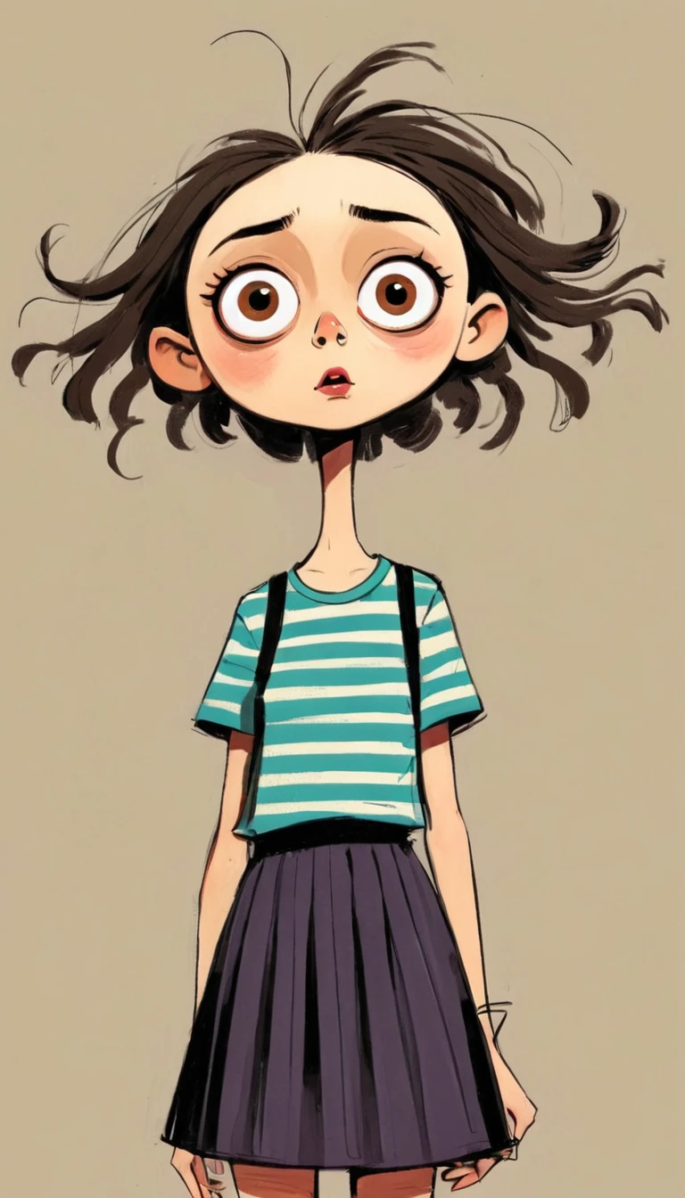 (((Exaggerated digital character sketches:1.37，Matchstick Men))).(1 Girl，big eyes，Pointed nose，Exaggerated expression，Striped T-shirt，Strap skirt)，(Black sketch lines，Loose brushstrokes create the outline，Cartoon Style. Bright colors and simplified lines, sketch)。(Exaggerated body movements),