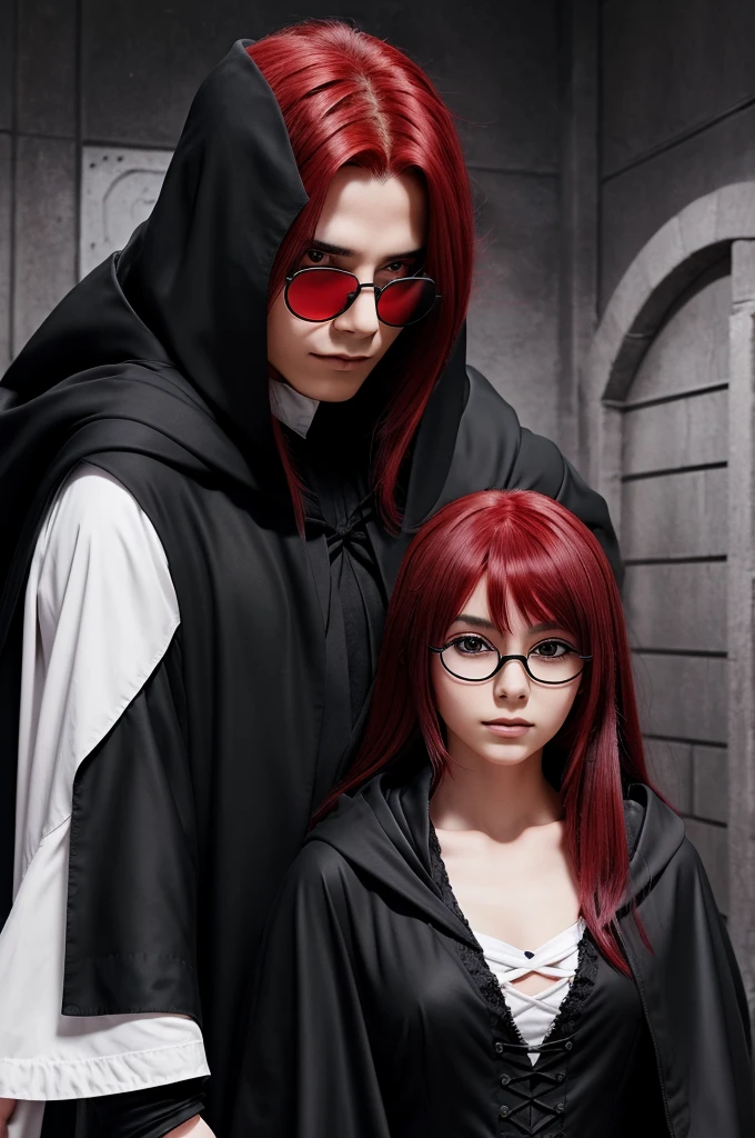 Imagine a man 17yr (in black cloak, gray hair..with circular glasses..anime manga style) with a girl (crimson red hair, black cloak, nearly 19)
(Manga style black and white)