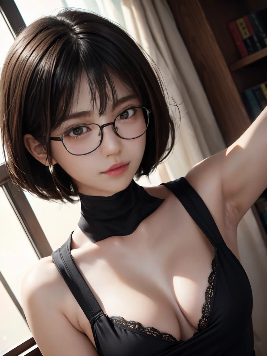Looking into the camera,26 years old、1 Japanese female,(wear rimless glasses)(Black short bob hair)(Thin Hair)(She's wearing a see-through bodysuit)(Spread your legs)(Very large breasts)(Big Breasts)(Accentuate the crotch)(Expressing nipple protrusion),(Obscene pose)(Accentuate your cleavage)(Voluptuous body),(Best image quality, (8k), Ultra-realistic, 最high quality, high quality, High resolution, high qualityの質感, Attention to detail, Beautiful details, Fine details, Highly detailed CG, Detailed Texture, Realistic facial expressions, masterpiece, in front),(((Strict adherence to front-end configuration))) (((Photograph the whole body)))(((She flaunts her sexiness)))(((Accentuate the crotch)))