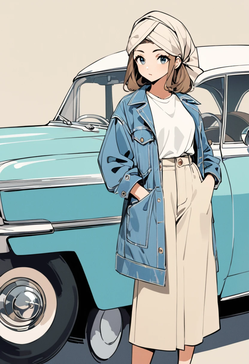 A 24-year-old Arab girl wearing a headscarf stands confidently next to a classic car, her hands tucked in her pockets. She's wearing a blue denim jacket over a white T-shirt and light blue jeans, with white sneakers completing the look. The car behind him is an iconic model from the 1960s, its vintage charm highlighted by its beige color and round headlights.