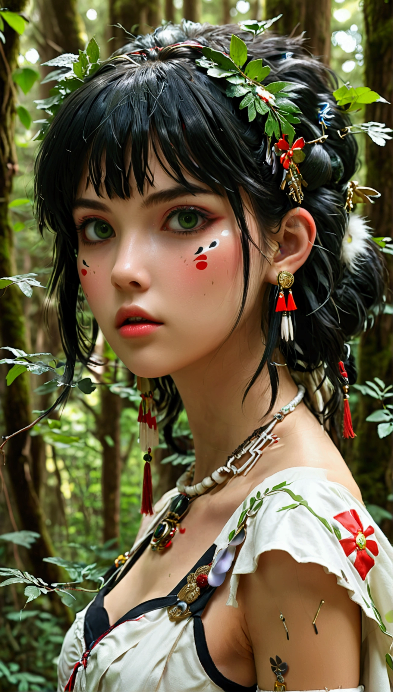 mj3d style,3dmm,3d,(masterpiece, Highest quality:1.1), Ghibli style, Mr. Miss. (mononoke hime), One girl, Bracelet, bangs, Black Hair, black undershirt, chest, Cape, Circlet, Earrings, Face Paint, Floating Hair, forest, fur Cape, Green Eyes, jewelry, View your viewers, medium chest, nature, necklace, Outdoor, parted bangs, shirt, short hair, No sleeve, No sleeve shirt, alone, tooth necklace, wood, Upper Body, white shirt