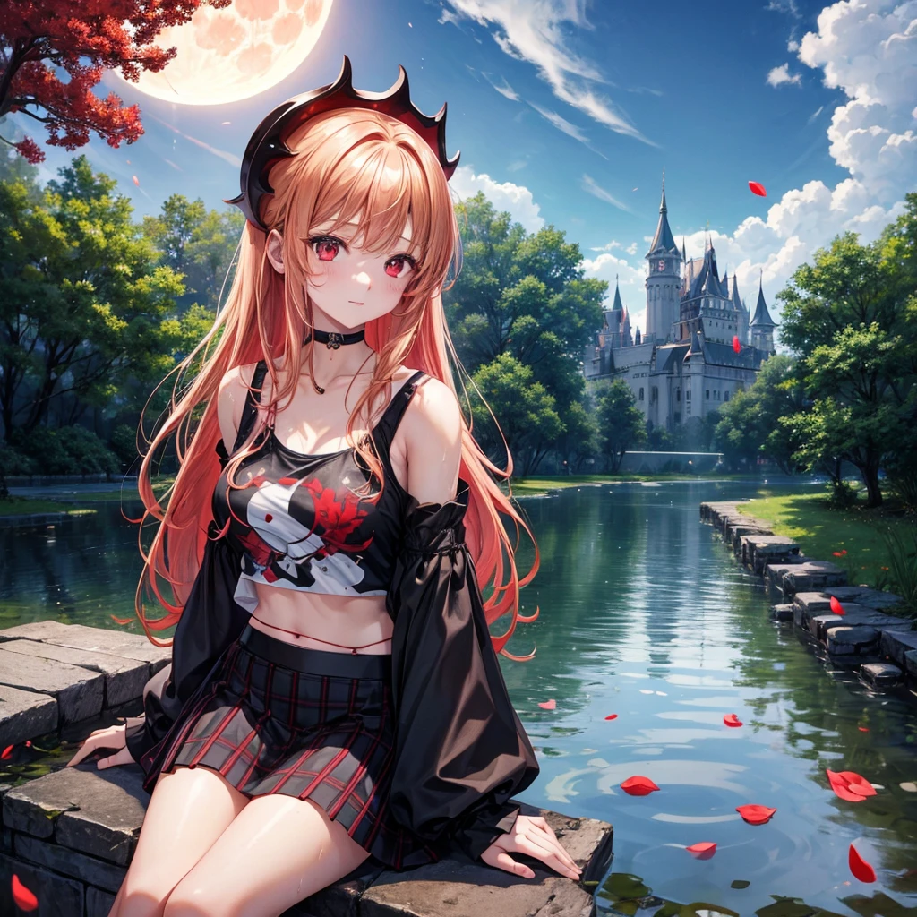 Red-blonde、Red eyes、One cute girl、solo、And soul、Light clothing、Checked mini skirt、petal、Wet hair、Sit on、black t-shirts、large tree、cloud、full moon、monster castle、lanthanum、Hell&#39;s Gate、Craft Gatekeeper、barefoot、Stones are piled up、Devil、Teeth are visible