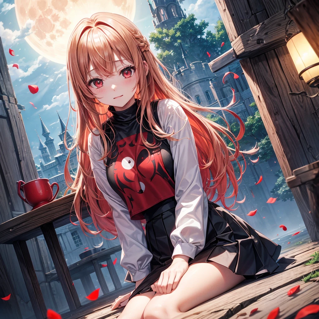 Red-blonde、Red eyes、One cute girl、solo、And soul、Light clothing、Checked mini skirt、petal、Wet hair、Sit on、black t-shirts、large tree、cloud、full moon、monster castle、lanthanum、Hell's Gate、Craft Gatekeeper、barefoot、Stones are piled up、Devil、Teeth are visible