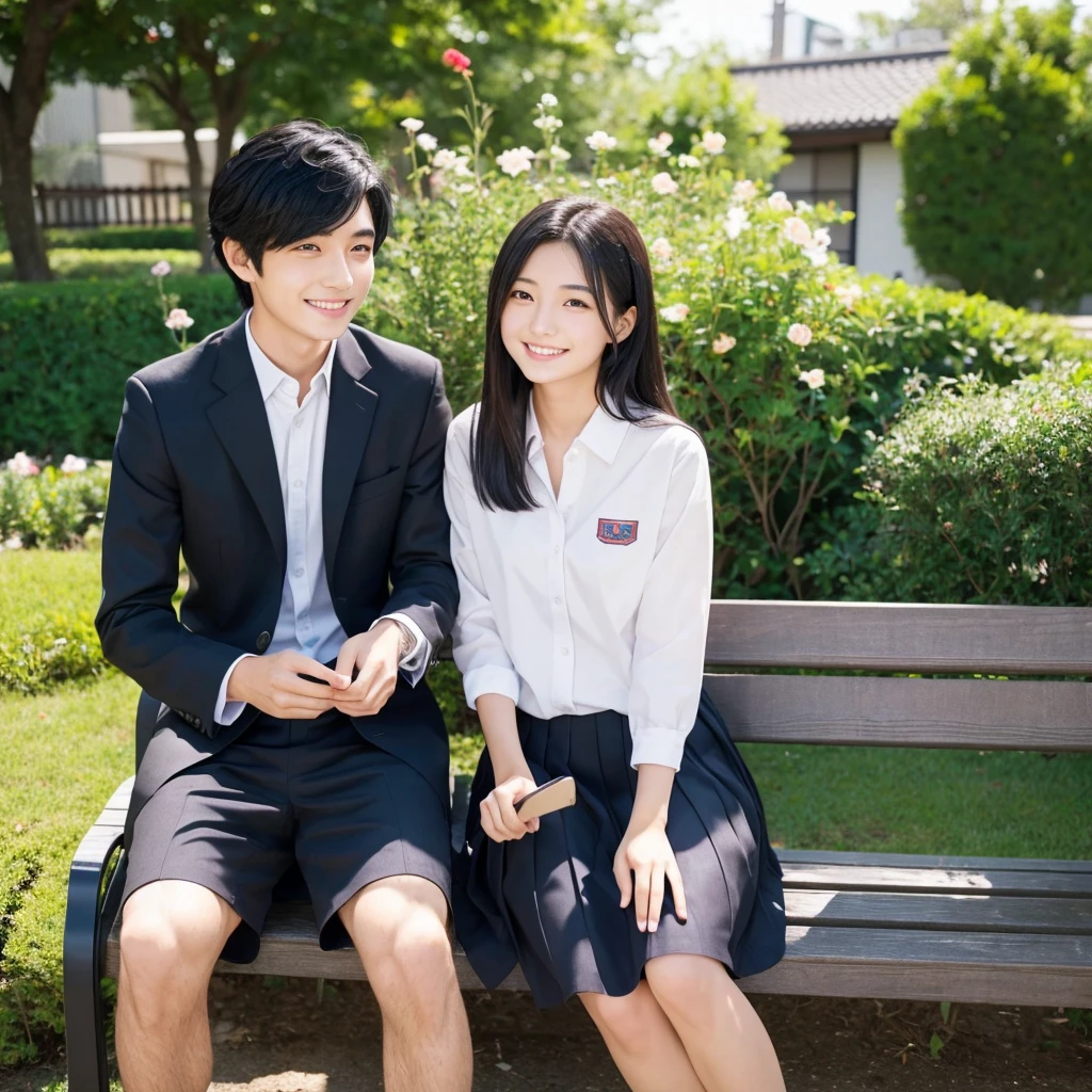 Japanese、men and women、Couple、Black Hair、2 people、A good friend、uniform、Date、、cute 、Handsome、garden、Sitting on a bench、smile