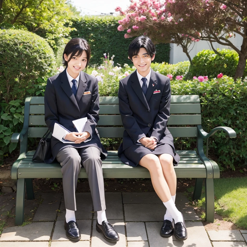 Japanese、men and women、Couple、Black Hair、2 people、A good friend、uniform、Date、、cute 、Handsome、garden、Sitting on a bench、smile