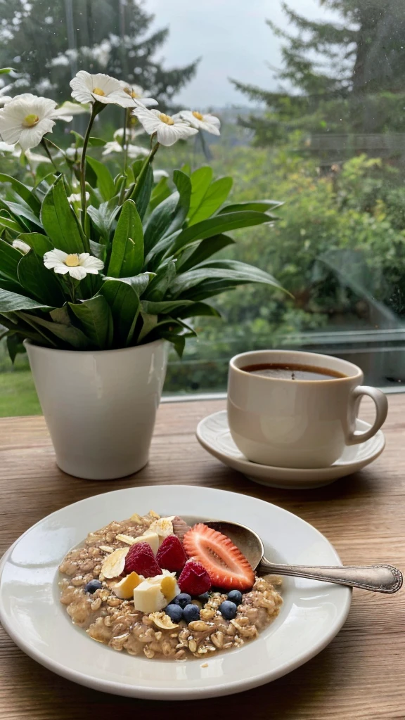((best quality)), ((masterpiece)), (detailed), A hyper-realistic, natural photo of a bowl of oatmeal taken with a smartphone by an influencer, showing her breakfast. The oatmeal is topped with fresh fruits like strawberries, blueberries, and banana slices, with a drizzle of honey on top. The bowl is placed on a wooden table with a cozy, morning ambiance. In the background, there's a cup of coffee, a spoon, and a napkin, all arranged casually. The lighting is soft and natural, coming from a nearby window, creating a warm and inviting atmosphere. The photo is highly detailed, capturing the texture of the oatmeal, the freshness of the fruits, and the slight reflections on the honey. The image looks like it was posted on social media, with an authentic and unfiltered feel.