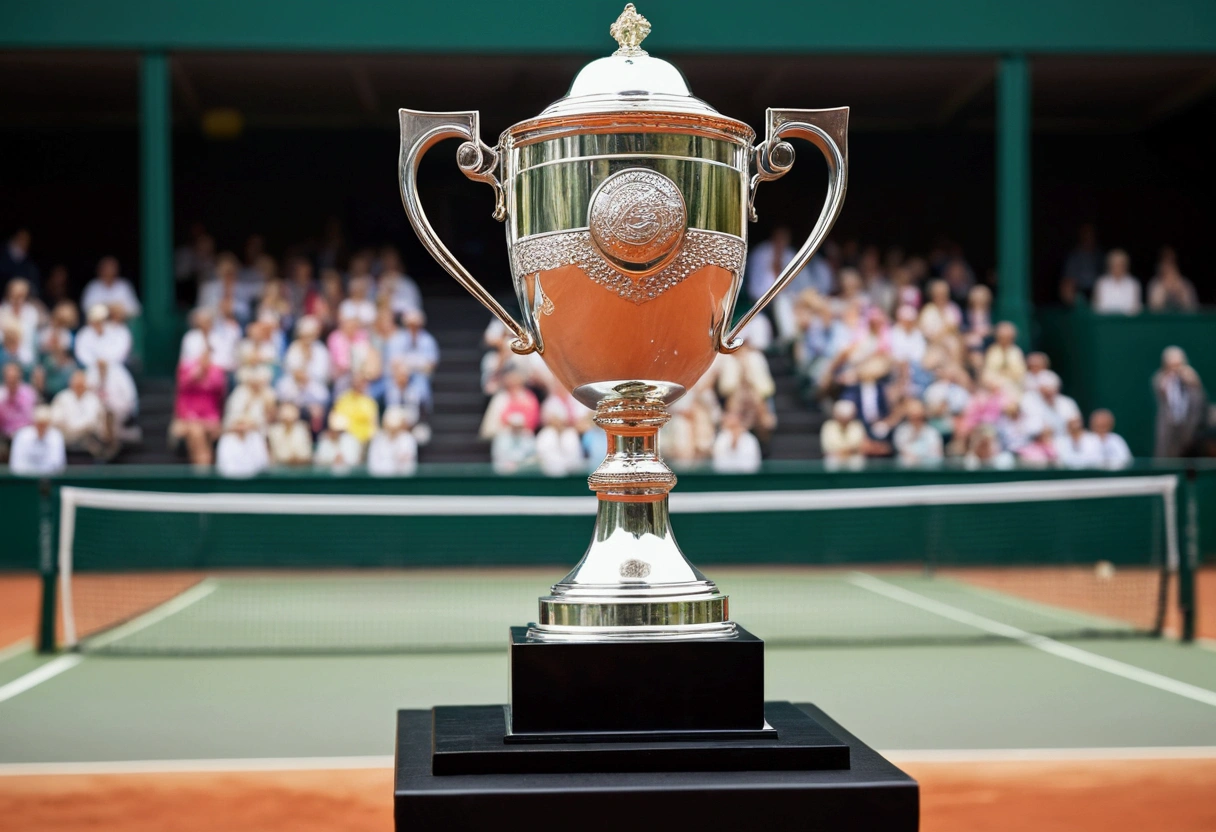a picture of a trophy (no logos) on a tennis court in front of the audience, the audience is blurred and not in focus, there are no logos or words in the picture
