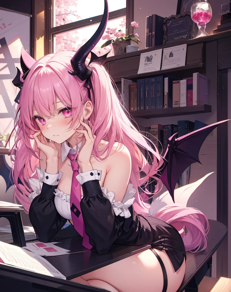 masterpiece, best quality, 1girl, laying totally on a school desk, untied necktie, bare shoulders,cute , she's a succubus, demon hearth tail, neko ears,2 demon wings,scenery,pink hair, sitted ,detailed sexy face, bare high ass, cat ears, cute expression, pink eyes.