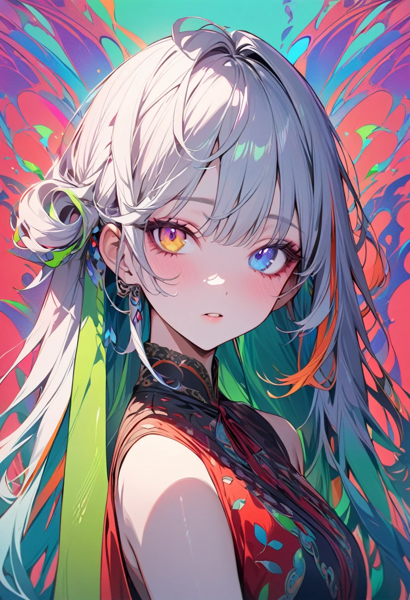 1girl, masterpiece, best quality, absurdres, surreal portrait, vibrant complementary colors, half face blue half face orange, heterochromia with one purple eye and one yellow eye, hair split into red and green sections, wearing a dress with violet and lime green patterns, background split diagonally with cyan and crimson, ethereal glow, intricate details, hyper-realistic texture