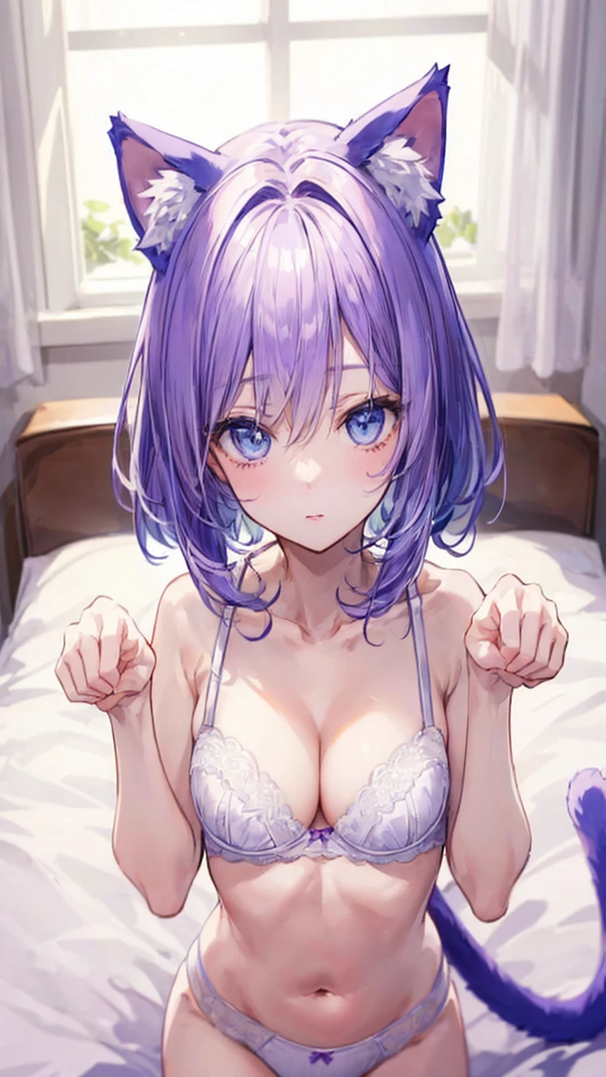 Masterpiece、Anime Coloring、Ultra fine、16K、Highest quality、((Lilac mesh))((blue cat ears、tail))、((White underwear、In underwear))、blush、Looking up、Medium Hair、bed、Stylish room、((Medium chest))、((Cleavage))、((paw pose))、((detailed eyes))、upper body、((lie on bed))