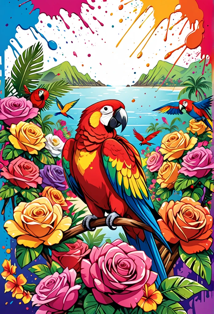 Vector Art, Colorful illustration with lots of roses and parrots, In the center, Vibrant colors, Paint splatters and stains, High Detail,Hawaii Background
