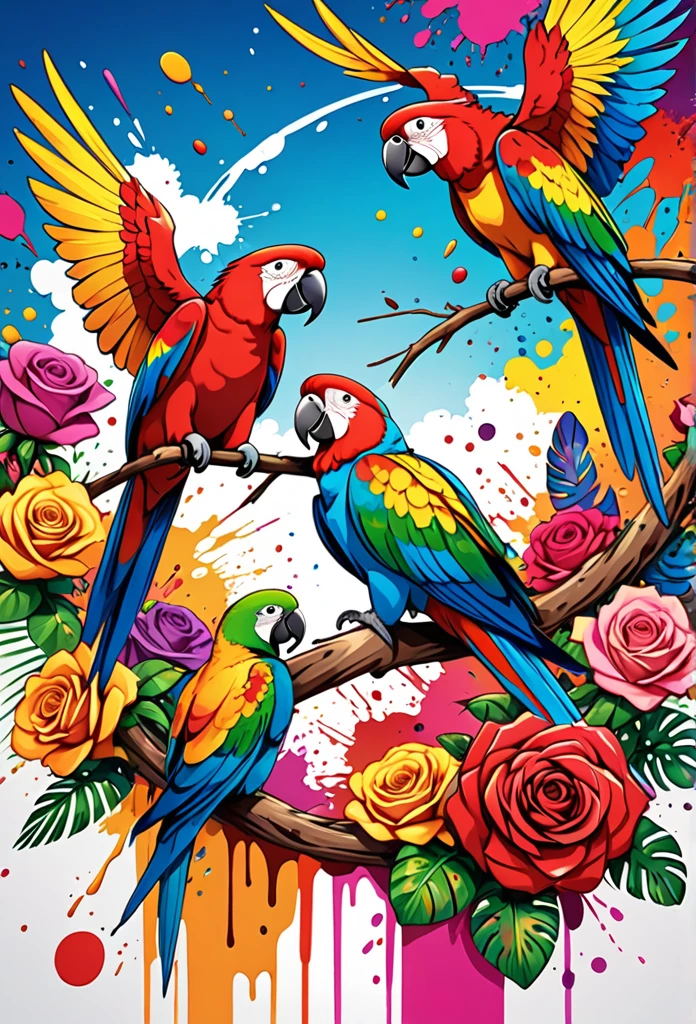 Vector Art, Colorful illustration with lots of roses and parrots, In the center, Vibrant colors, Paint splatters and stains, High Detail,Hawaii Background