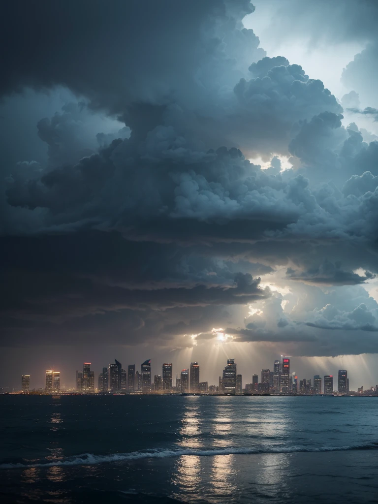 a dramatic detailed cityscape of mumbai skyline, dark stormy clouds, heavy rain, dramatic sea view, high contrast cinematic lighting, dramatic reflection on mirror, realistic, photorealistic, photo-realistic:1.37, (best quality,4k,8k,highres,masterpiece:1.2),ultra-detailed,(realistic,photorealistic,photo-realistic:1.37),cinematic,moody,dramatic lighting,dramatic reflection,realistic water,realistic rain,detailed architecture