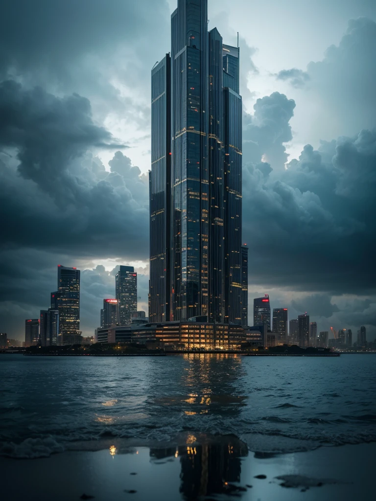 a dramatic detailed cityscape of mumbai skyline, dark stormy clouds, heavy rain, dramatic sea view, high contrast cinematic lighting, dramatic reflection on mirror, realistic, photorealistic, photo-realistic:1.37, (best quality,4k,8k,highres,masterpiece:1.2),ultra-detailed,(realistic,photorealistic,photo-realistic:1.37),cinematic,moody,dramatic lighting,dramatic reflection,realistic water,realistic rain,detailed architecture