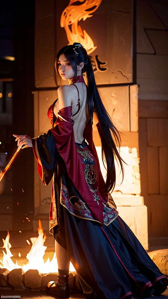 best quality,masterpiece,Ultra-high resolution,(photoactual:1.4),Dark Background,The fire is shocking,Game characters,20-year-old,a cold,Beautiful oriental woman(goddess),deep red eyes,Dark red long ponytail,Wearing red ancient Hanfu,Backless,fire tattoo on back,Turn around