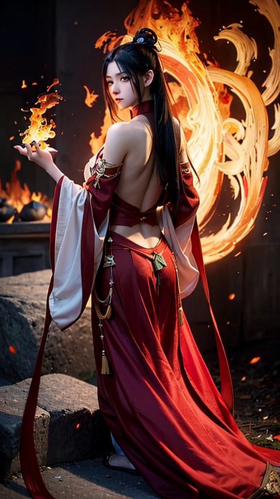 best quality,masterpiece,Ultra-high resolution,(photoactual:1.4),Dark Background,The fire is shocking,Game characters,20-year-old,a cold,Beautiful oriental woman(goddess),deep red eyes,Dark red long ponytail,Wearing red ancient Hanfu,Backless,fire tattoo on back,Turn around