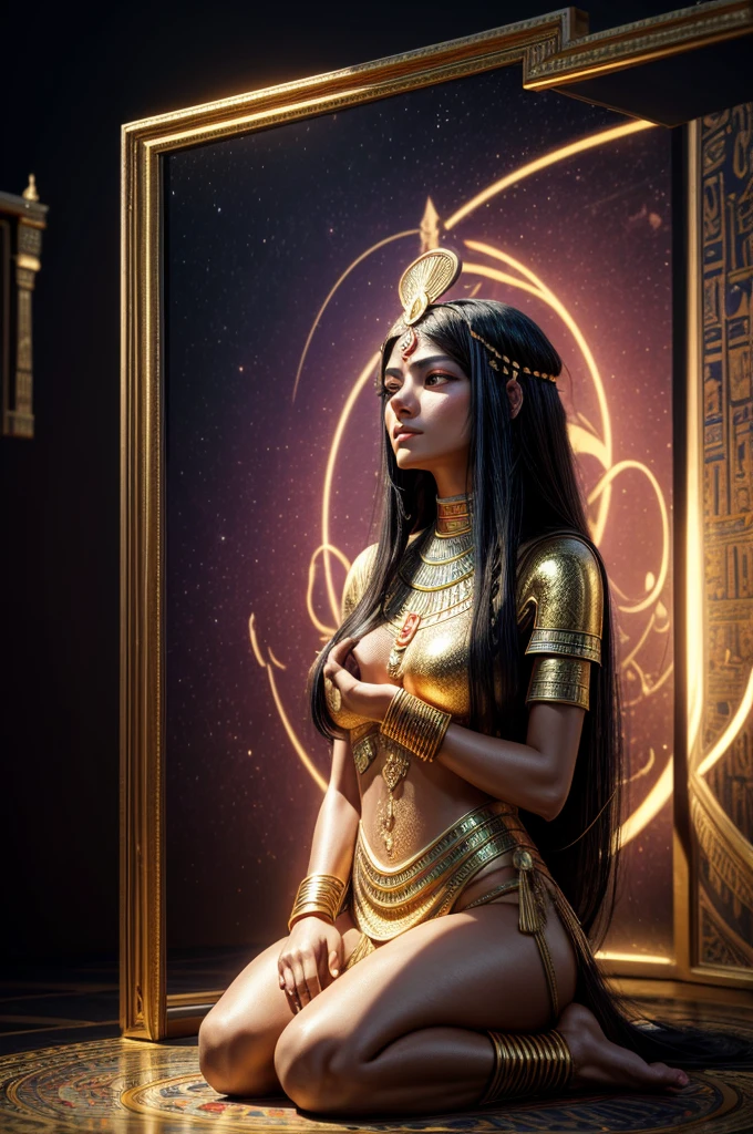 egyptian aesthetics, a person meditating,woman with long black hair,deep in thought,imagining spiritual dimension,angels emerging from thoughts,golden and pink aura,colorful lights in environment,(best quality,8k,highres,masterpiece:1.2),ultra-detailed,realistic,photorealistic:1.37,cinematic lighting,digital painting,fantasy art, egypt architecture