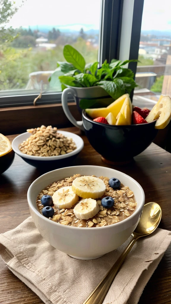 ((best quality)), ((masterpiece)), (detailed), A hyper-realistic, natural photo of a bowl of oatmeal taken with a smartphone by an influencer, showing her breakfast. The oatmeal is topped with fresh fruits like strawberries, blueberries, and banana slices, with a drizzle of honey on top. The bowl is placed on a wooden table with a cozy, morning ambiance. In the background, there's a cup of coffee, a spoon, and a napkin, all arranged casually. The lighting is soft and natural, coming from a nearby window, creating a warm and inviting atmosphere. The photo is highly detailed, capturing the texture of the oatmeal, the freshness of the fruits, and the slight reflections on the honey. The image looks like it was posted on social media, with an authentic and unfiltered feel.