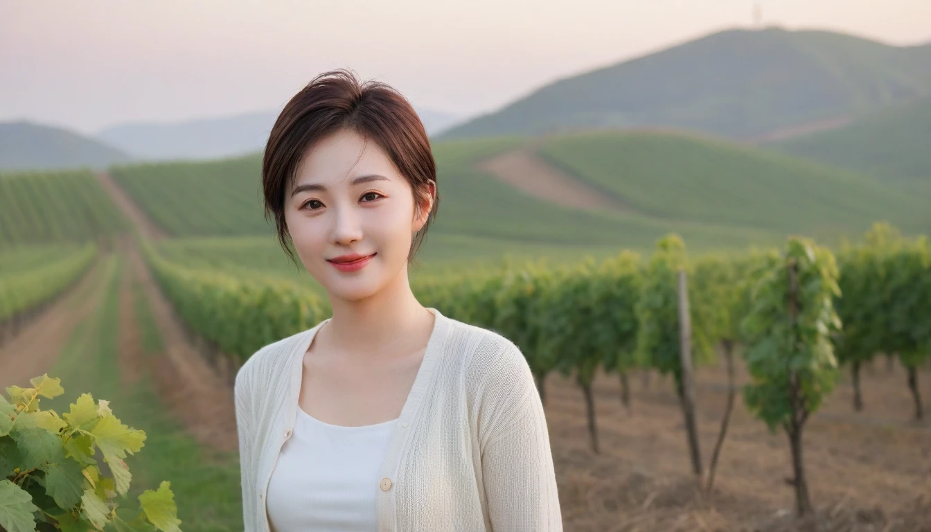 Simul Creativity Advanced Conversion Advanced Download Creation Data Prompt Txt2Img 8k Realistic, lifelike photo,, 36 year old Korean woman, Short in stature, pretty like a model. front view, white shirt and short cardigan, casual pants, short medium hair, smiling, Italy. vineyard, thick dawn fog. vineyard 지나 짙은 안개 속으로 저 멀리 성당이 보인다. Full body shot from afar with a wide angle lens , 1 woman, Short in stature, looking at the camera, superb picture quality, The morning fog thickens, The picture quality is alive.. Full body shot with Canon 16-35 wide angle lens, Wearing sunglasses with black horns and looking to the side., The cathedral is visible in the red morning sunlight.., standing on the hill