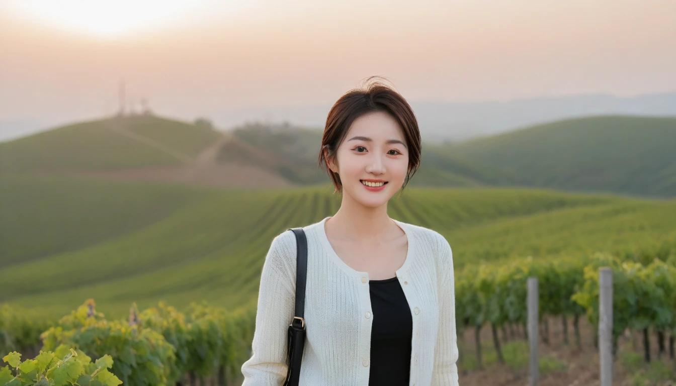 Simul Creativity Advanced Conversion Advanced Download Creation Data Prompt Txt2Img 8k Realistic, lifelike photo,, 36 year old Korean woman, Short in stature, pretty like a model. front view, white shirt and short cardigan, casual pants, short medium hair, smiling, Italy. vineyard, thick dawn fog. vineyard 지나 짙은 안개 속으로 저 멀리 성당이 보인다. Full body shot from afar with a wide angle lens , 1 woman, Short in stature, looking at the camera, superb picture quality, The morning fog thickens, The picture quality is alive.. Full body shot with Canon 16-35 wide angle lens, Wearing sunglasses with black horns and looking to the side., The cathedral is visible in the red morning sunlight.., standing on the hill