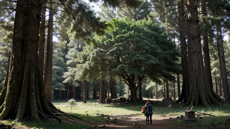 A dense, green forest with a large, ancient tree. Sami is digging excitedly at the base of the tree, uncovering a weathered treasure chest partially buried in the ground.