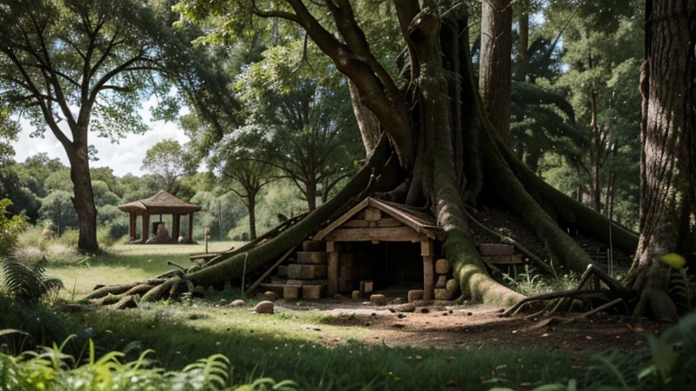 A dense, green forest with a large, ancient tree. Sami is digging excitedly at the base of the tree, uncovering a weathered treasure chest partially buried in the ground.