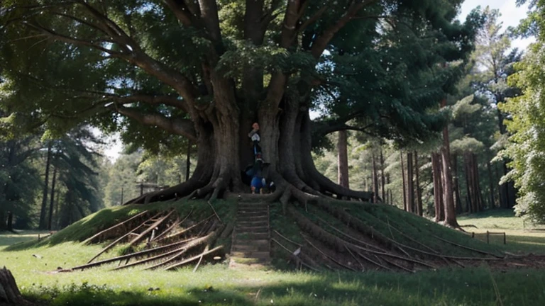 A dense, green forest with a large, ancient tree. Sami is digging excitedly at the base of the tree, uncovering a weathered treasure chest partially buried in the ground.